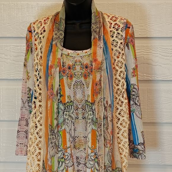 Alberto Makali Vintage Retro Style Printed Top Attached Crochet Vest MEDIUM - Picture 2 of 11